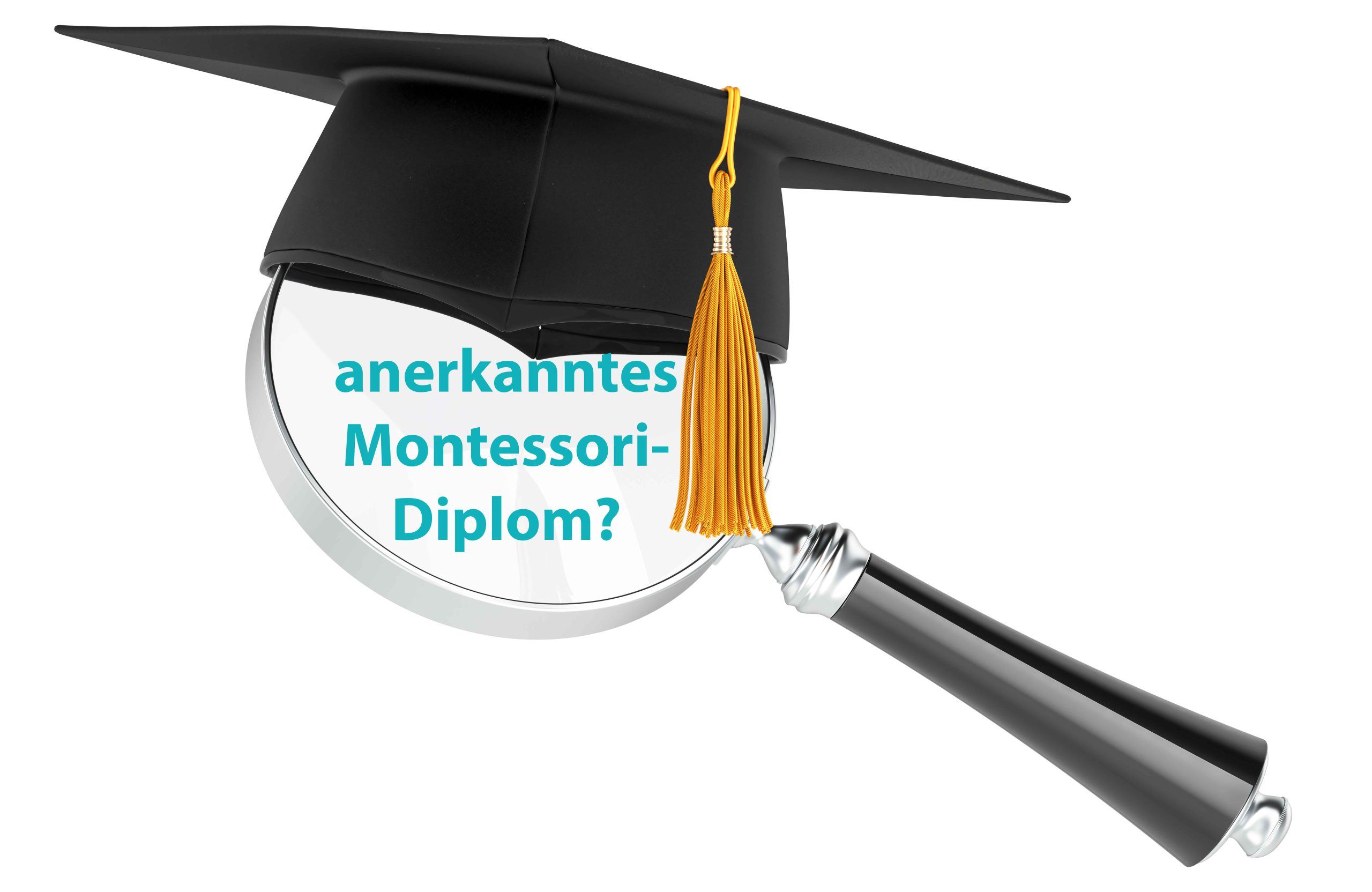 Square academic cap, graduate cap with magnifier. 3D rendering i Montessori Ausbildung qualität hoch ÖMG, DMG, AMI und AM(S) Vergleich Montessori-Ausbildung anerkannt vs. nicht anerkannt
